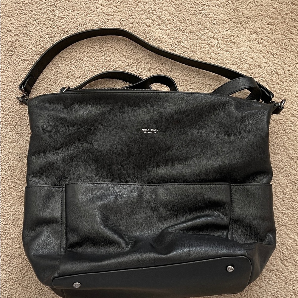 Elegant Black Leather Baby Bagmina Baie LEATHER baby backpack diaper bag
